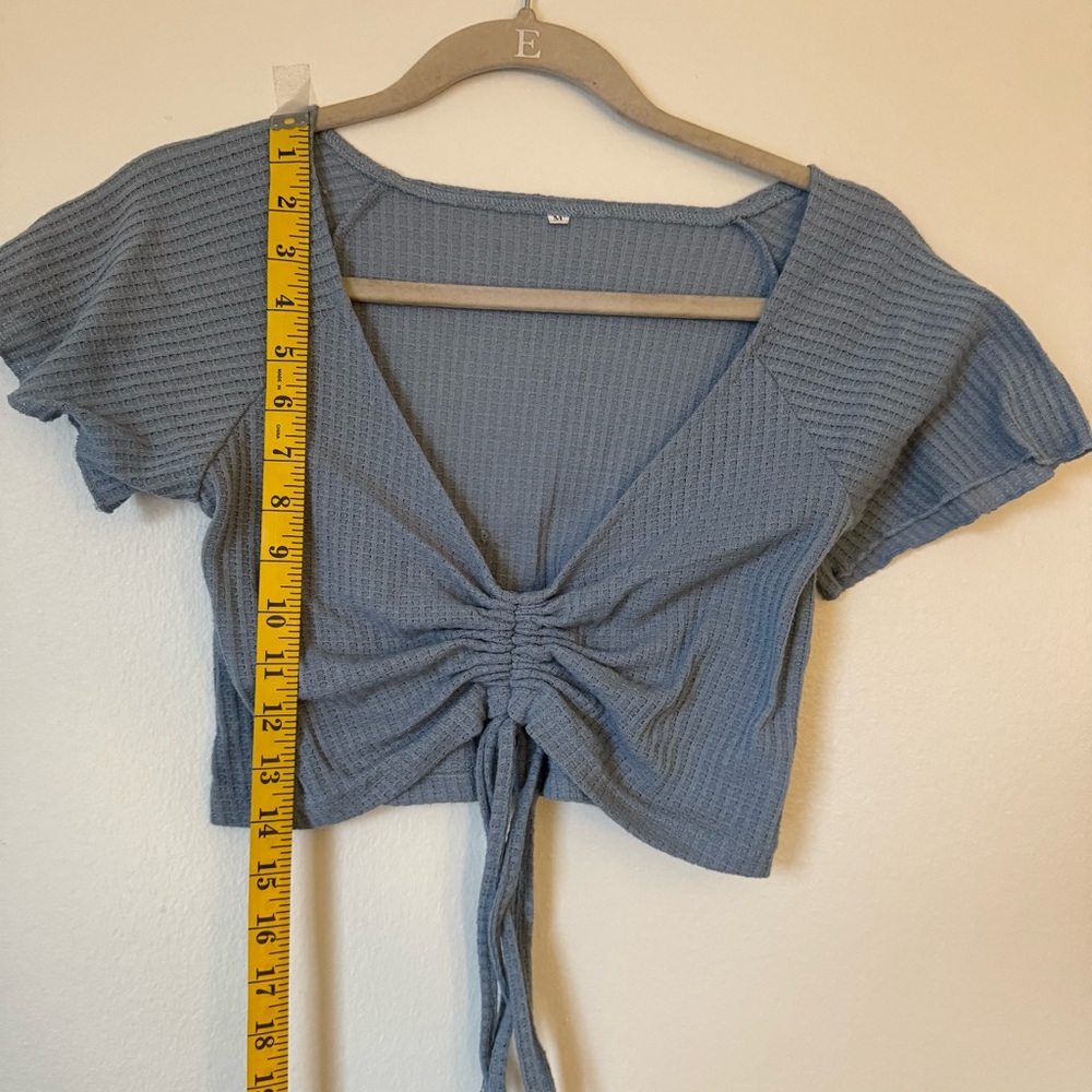 Blue Ribbed cropped Tie-Front Top - Picture 3 of 5